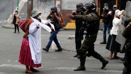 Indigenous woman marches against the coup in Bolivia. 