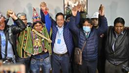 Luis Arce and David Choquehuanca (fourth and fifth from left) shortly after the announcement of the Unitel-Ciesmori estimate.