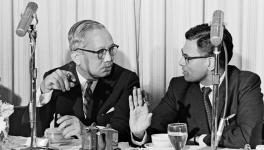 Secretary-General U Thant (left) conversing with Chakravarti Raghavan of the Press Trust of India, 1967