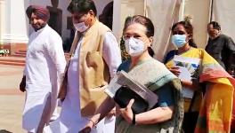 Congress Interim President Sonia Gandhi leaves after meeting MPs from Punjab