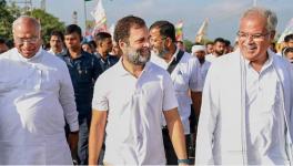 Congress leader Rahul Gandhi with party leaders Mallikarjun Kharge and Bhupesh Baghel during the party's 'Bharat Jodo Yatra', in Ballari