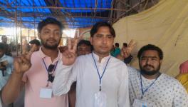 Elected congress candidate(in the middle) byron biswas after his win in Sagardighi bypolls. Photo by anirban dey . 