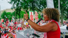 Claudia De la Cruz speaks at the rally outside the US Capitol protesting Netanyahu's visit on July 24 (Photo via @votesocialist24/X)