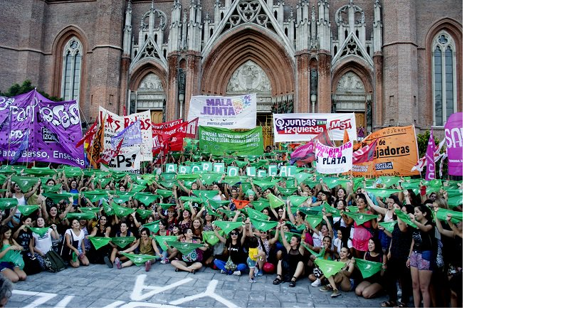 Argentine women marching for legal, safe and free abortion gather outside the National Congress of Argentina on February 19.