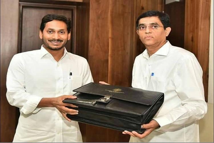 Finance Minister Buggana Rajendranath Reddy with Chief Minister Y.S. Jagan Mohan Reddy ahead of budget presentation.