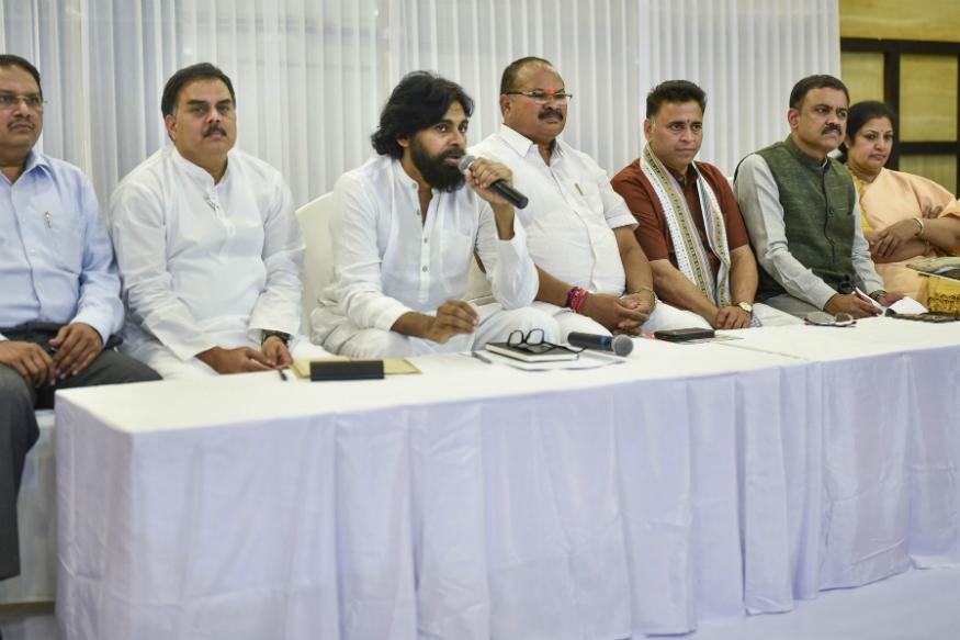 Jana Sena Party chief Pawan Kalyan speaks during a press meet after entering into an alliance with the BJP, in Vijayawada