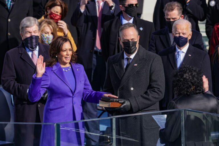 Kamala Harris being sworn in as US Vice-President. At right extreme is President Joe Biden. Washington, DC, January 20, 2021