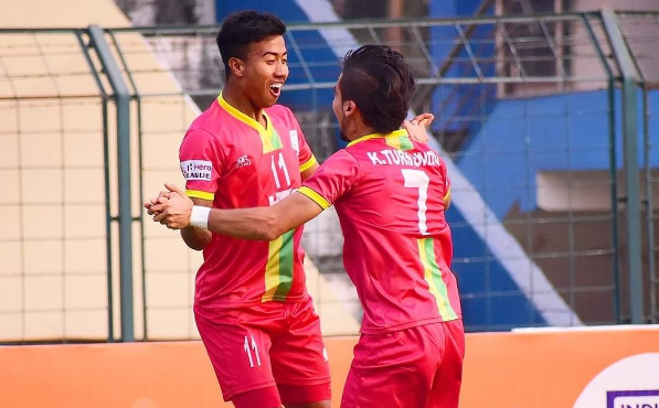 Bidyashagar Singh and Komron Tursunov of Trau FC in the I-league