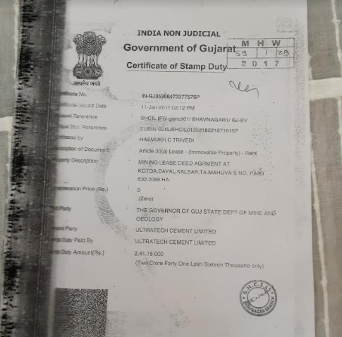 Certificate of Stamp Duty of the Mining Lease 