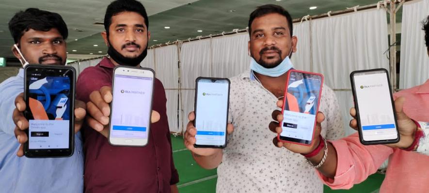 Protesting drivers in Telangana showcase their logged-out app status on Saturday. Courtesy - Special Arrangement