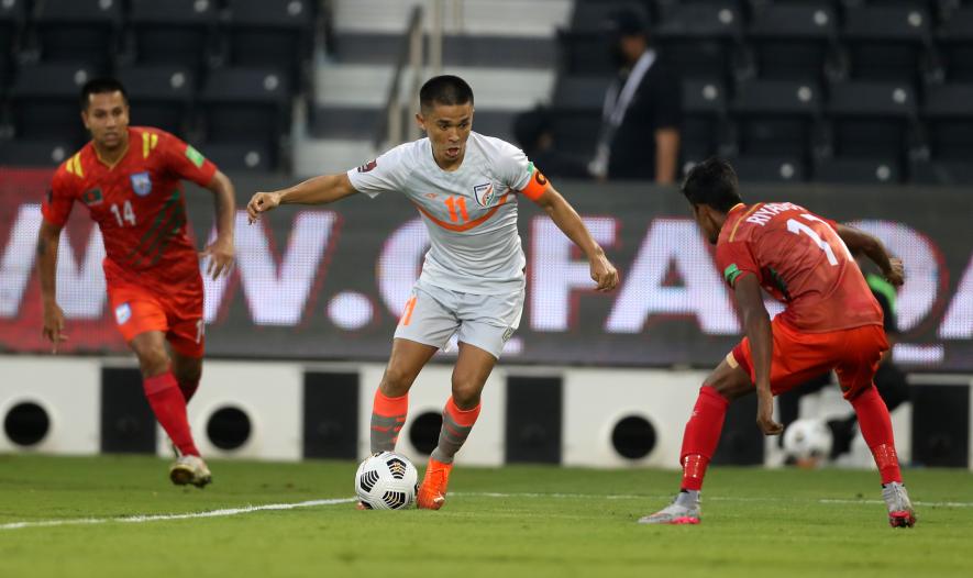 Sunil Chhetri scored two goals to guide India to victory and also in the process moved into the top ten highest international goalscorers of all time with 74 strikes. (Picture courtesy: AIFF Media)