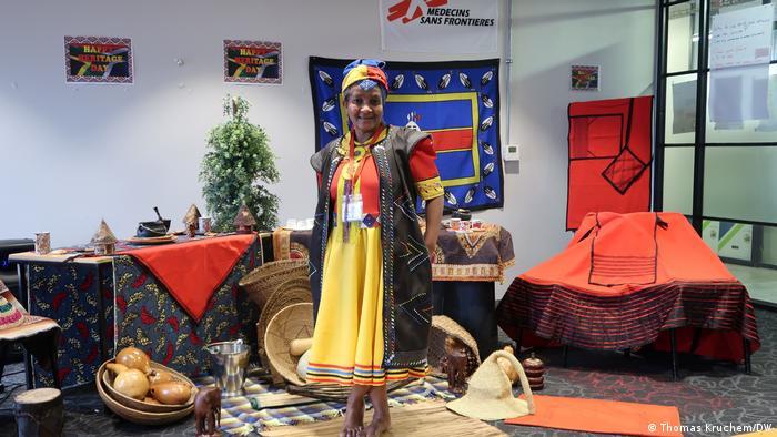 Mpumi Mantangana, here in traditional Xhosa dress in the MSF office in Khayelitsha, is a veteran MSF nurse