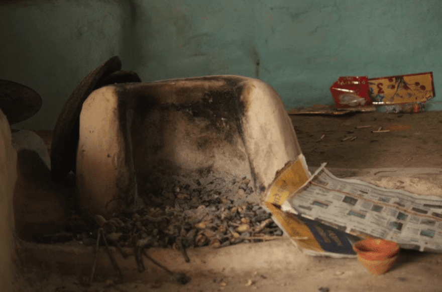 An earthen or brick stove (Chulha) that Usha Adivasi uses for cooking due to soaring and unaffordable cooking gas prices.