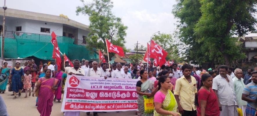 P Shanmugam led the protest rally in Mayiladuthurai district.