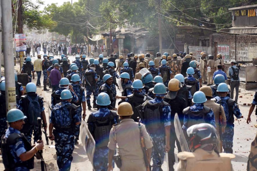 Prayagraj, June 10 (ANI): Security personnel during a protest against suspended BJP leader Nupur Sharma & Naveen Jindal over their inflammatory remarks, in Prayagraj on Friday.