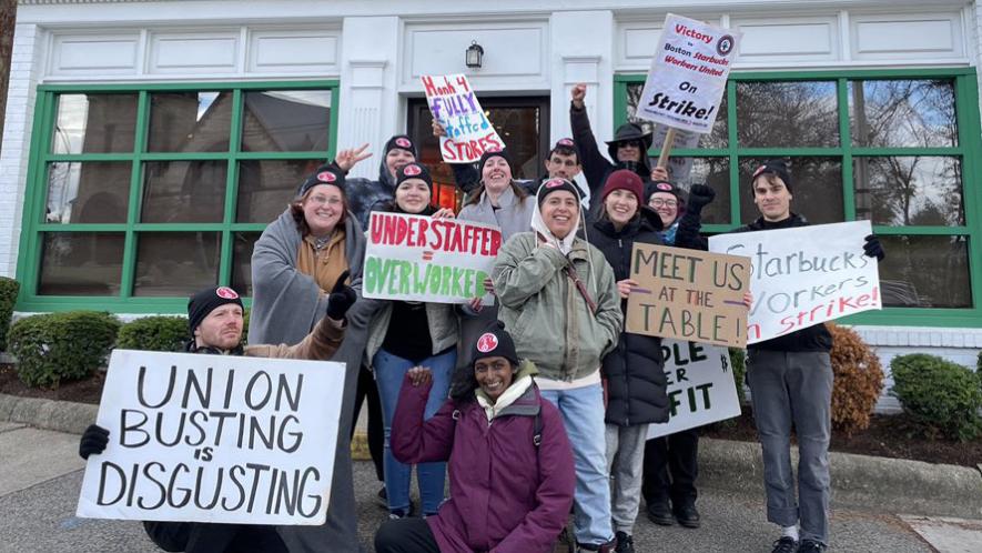 Striking workers in front of a Starbuck location in Massachusetts (Photo: Boston Starbucks Workers United)