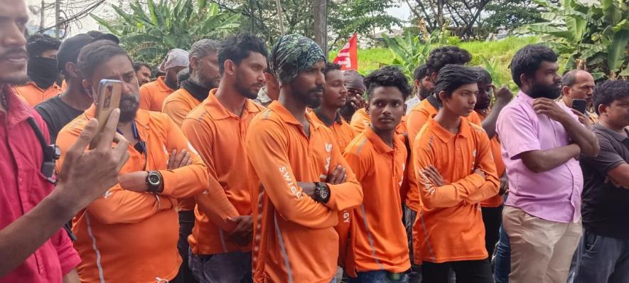 Swiggy delivery workers participating in the protest held in Kochi.