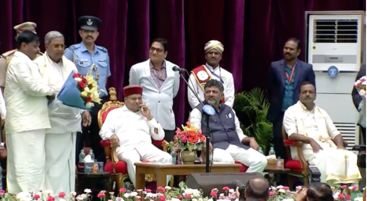 Karnataka CM Siddaramaiah, Deputy CM DK Shivakumar and Governor Thawarchand Gehlot at the swearing-in ceremony of Congress MLAs in Bengaluru