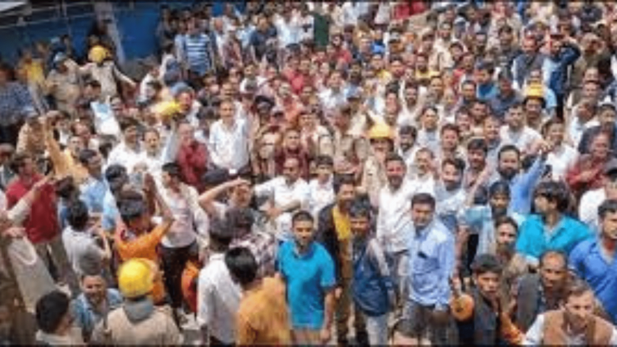 Locals demonstrating against ‘outsiders’ at Purola town of Uttarkashi district.