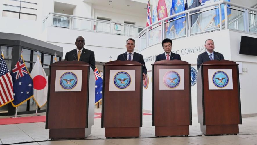 Australia’s Defense Minister Richard Marles, Japan’s Defense Minister Kihara Minoru, the Philippines’ Defense Minister Gilberto Teodoro, and the United States’ Defense Minister Lloyd Austin in occupied Hawai'i. Photo: US Department of Defense